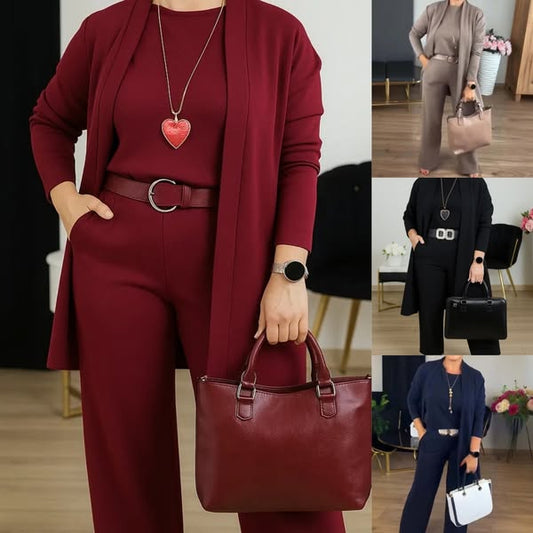 Ensemble 3 pièces chic avec cardigan long, haut tendance et pantalon élégant – Livraison gratuite