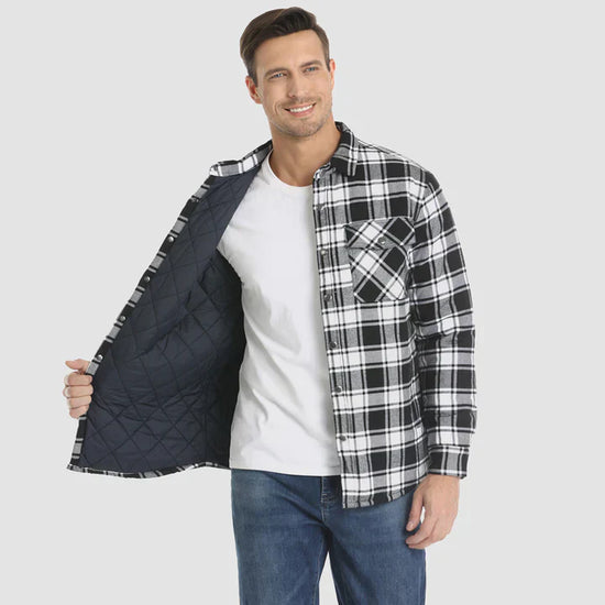 Warm men's flannel jacket-coat with long sleeves, quilted and plaid, with buttons — the perfect winter layer