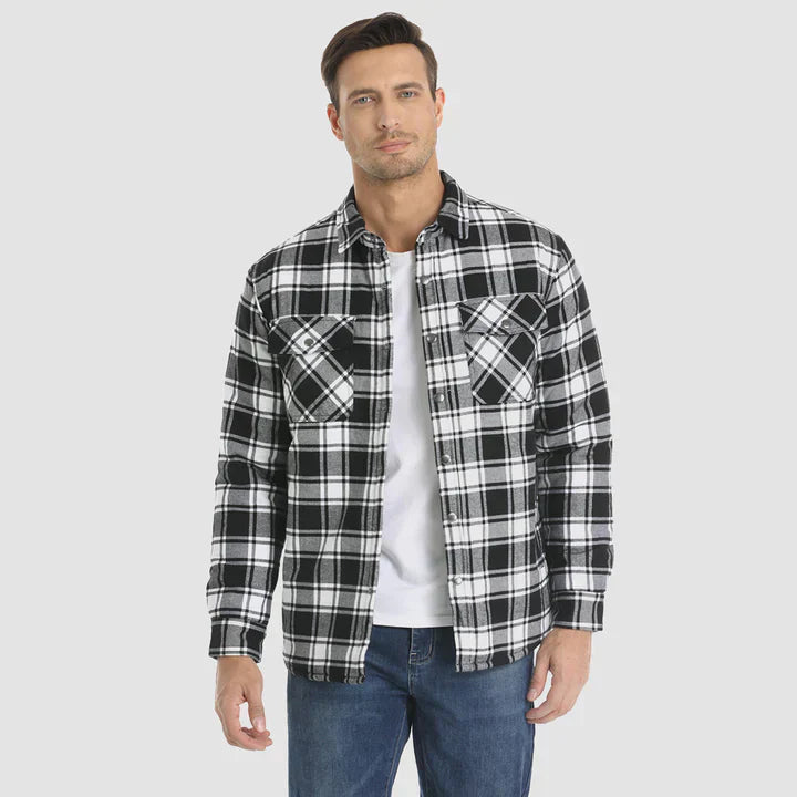Warm men's flannel jacket-coat with long sleeves, quilted and plaid, with buttons — the perfect winter layer