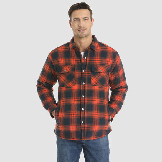 Warm men's flannel jacket-coat with long sleeves, quilted and plaid, with buttons — the perfect winter layer