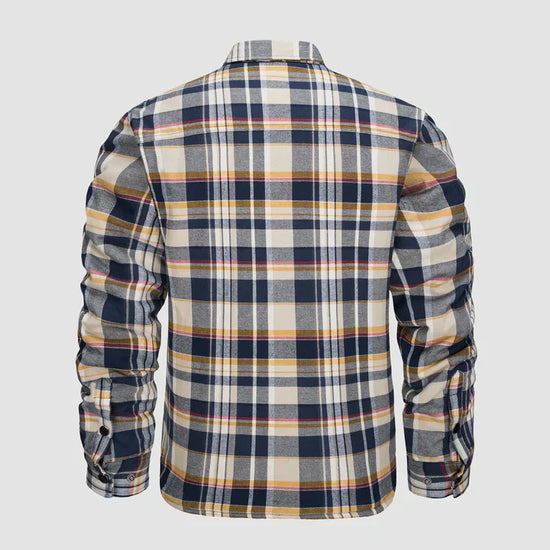 Warm men's flannel jacket-coat with long sleeves, quilted and plaid, with buttons — the perfect winter layer