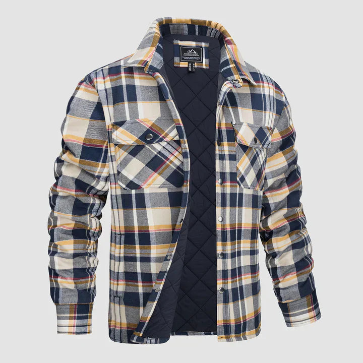 Warm men's flannel jacket-coat with long sleeves, quilted and plaid, with buttons — the perfect winter layer
