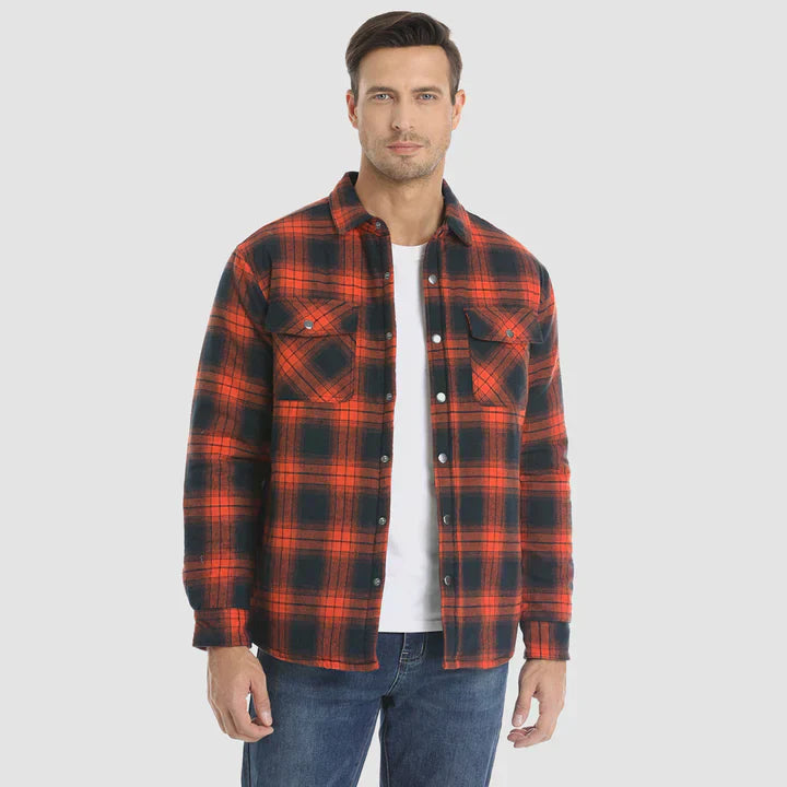 Warm men's flannel jacket-coat with long sleeves, quilted and plaid, with buttons — the perfect winter layer