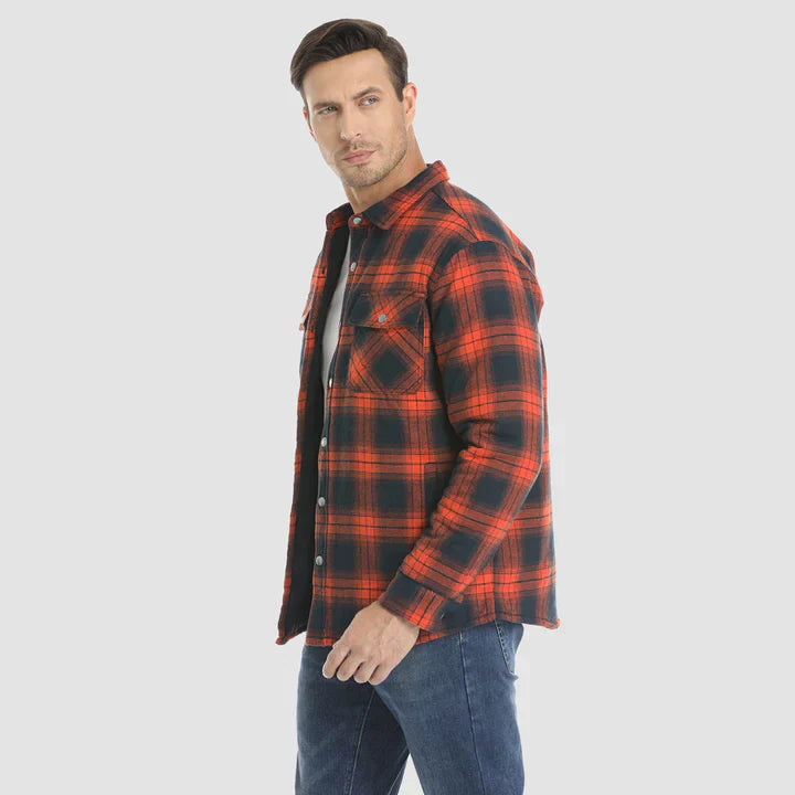Warm men's flannel jacket-coat with long sleeves, quilted and plaid, with buttons — the perfect winter layer