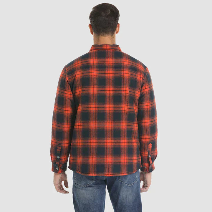 Warm men's flannel jacket-coat with long sleeves, quilted and plaid, with buttons — the perfect winter layer