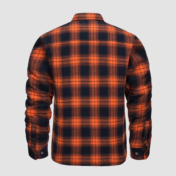 Warm men's flannel jacket-coat with long sleeves, quilted and plaid, with buttons — the perfect winter layer