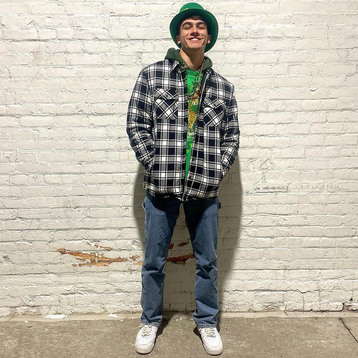 Warm men's flannel jacket-coat with long sleeves, quilted and plaid, with buttons — the perfect winter layer