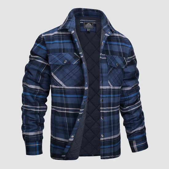 Warm men's flannel jacket-coat with long sleeves, quilted and plaid, with buttons — the perfect winter layer