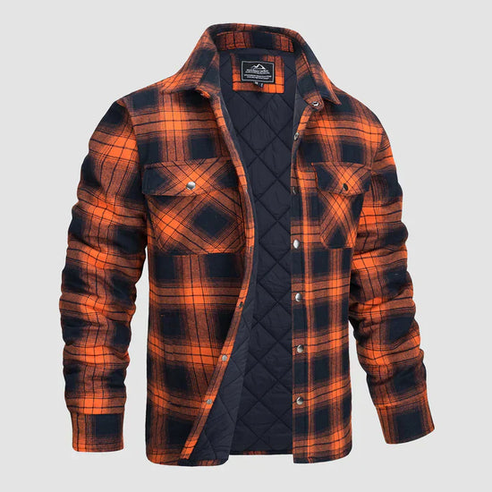 Warm men's flannel jacket-coat with long sleeves, quilted and plaid, with buttons — the perfect winter layer