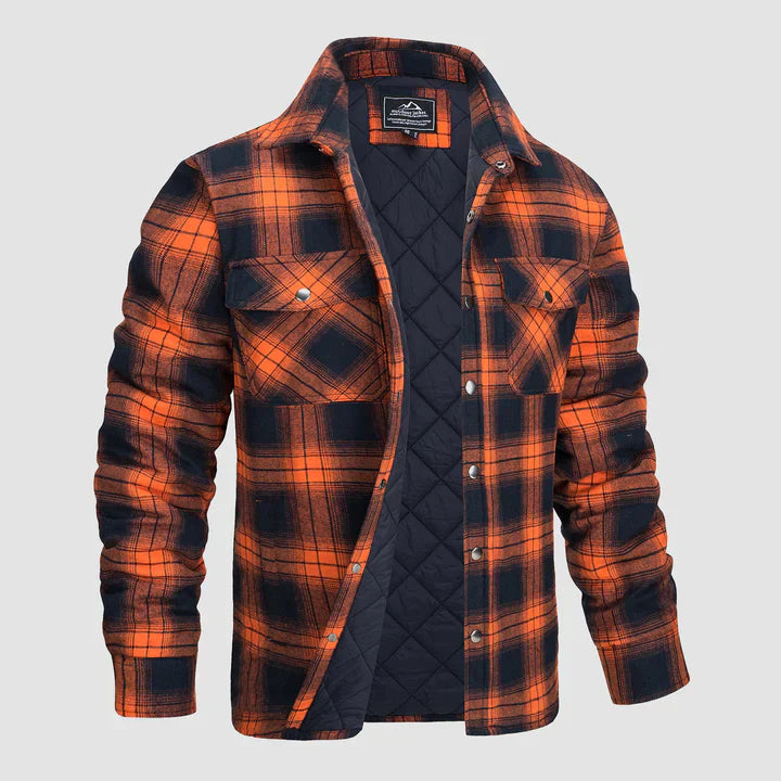 Warm men's flannel jacket-coat with long sleeves, quilted and plaid, with buttons — the perfect winter layer