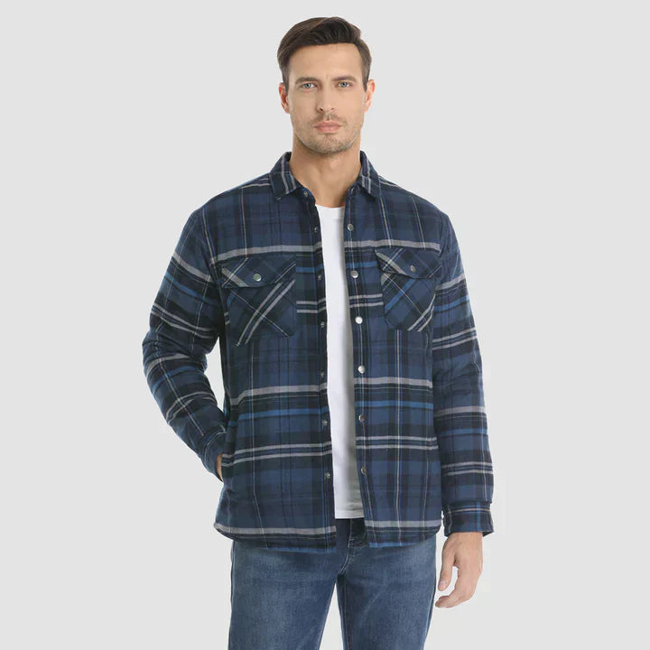 Warm men's flannel jacket-coat with long sleeves, quilted and plaid, with buttons — the perfect winter layer