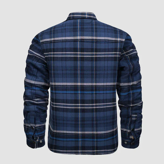 Warm men's flannel jacket-coat with long sleeves, quilted and plaid, with buttons — the perfect winter layer