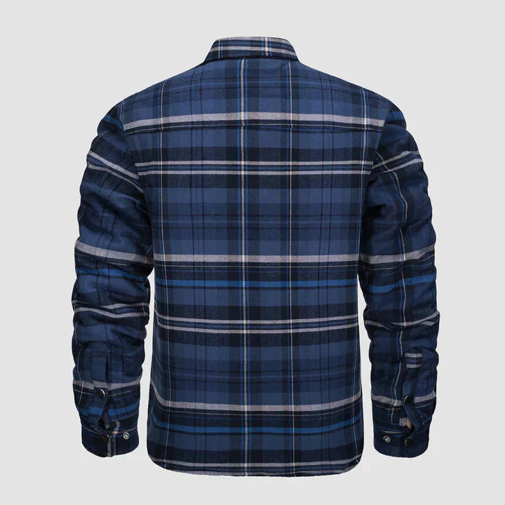 Warm men's flannel jacket-coat with long sleeves, quilted and plaid, with buttons — the perfect winter layer