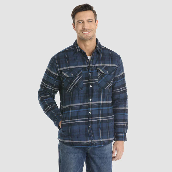 Warm men's flannel jacket-coat with long sleeves, quilted and plaid, with buttons — the perfect winter layer