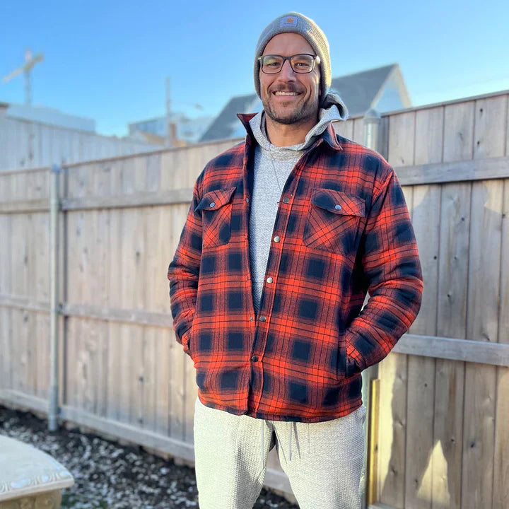 Warm men's flannel jacket-coat with long sleeves, quilted and plaid, with buttons — the perfect winter layer