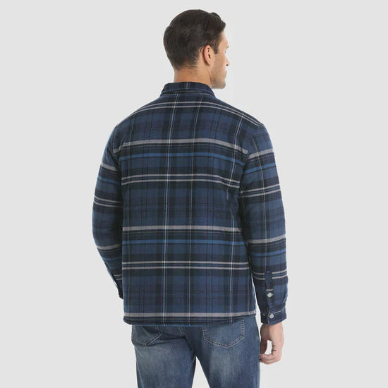 Warm men's flannel jacket-coat with long sleeves, quilted and plaid, with buttons — the perfect winter layer