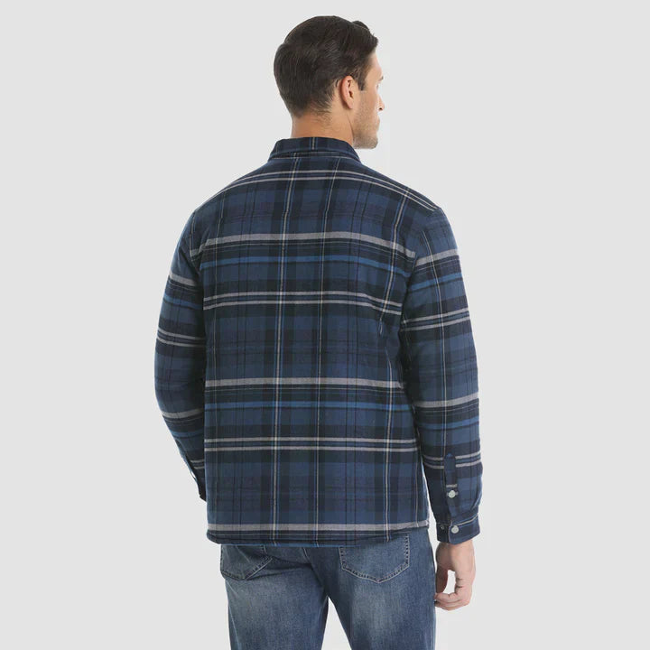 Warm men's flannel jacket-coat with long sleeves, quilted and plaid, with buttons — the perfect winter layer