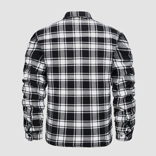 Warm men's flannel jacket-coat with long sleeves, quilted and plaid, with buttons — the perfect winter layer