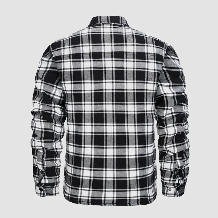 Warm men's flannel jacket-coat with long sleeves, quilted and plaid, with buttons — the perfect winter layer