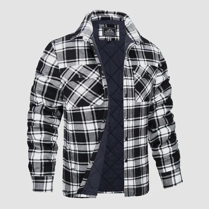 Warm men's flannel jacket-coat with long sleeves, quilted and plaid, with buttons — the perfect winter layer